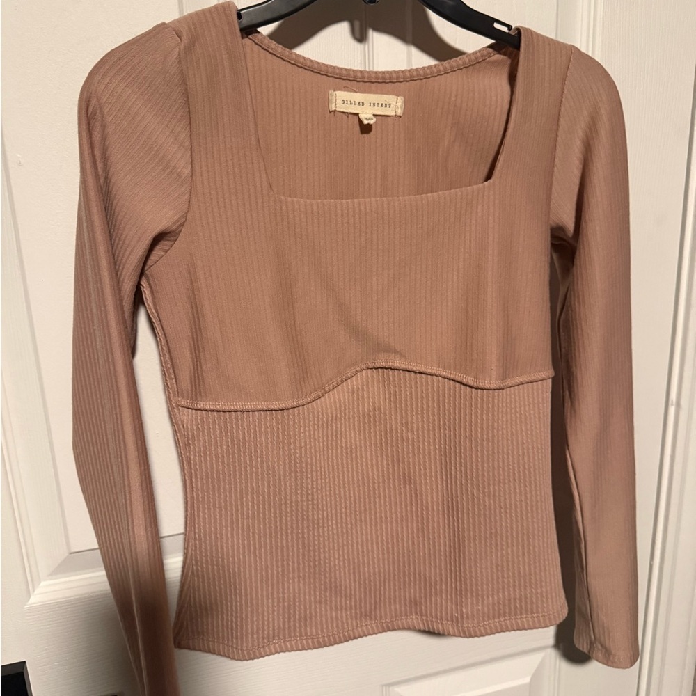 Gilded Intent Women's Tan Ribbed Long Sleeve Top